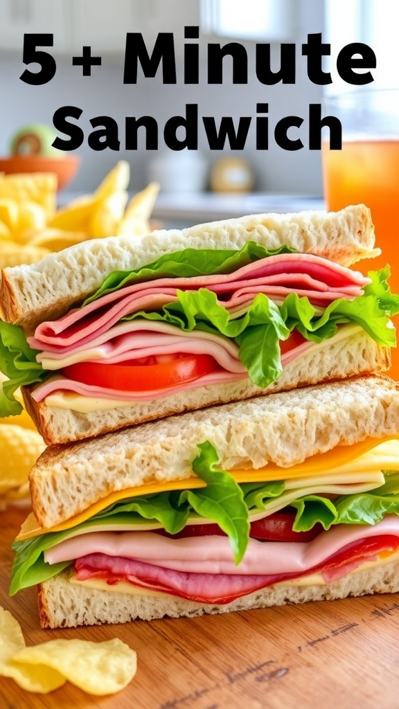 A tasty 5-minute sandwich with deli meat, cheese, lettuce, and tomato on a wooden cutting board, served with chips.